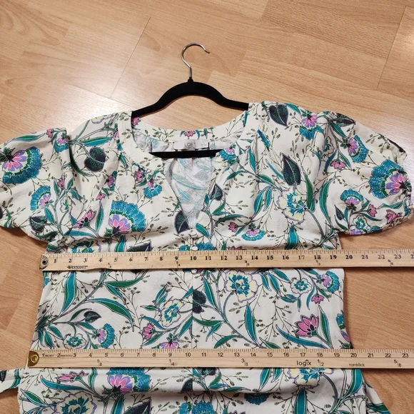 Ann Taylor Loft Linen Floral V-Neck Puff Sleeve Midi Dress Size MP Belted - Picture 9 of 16